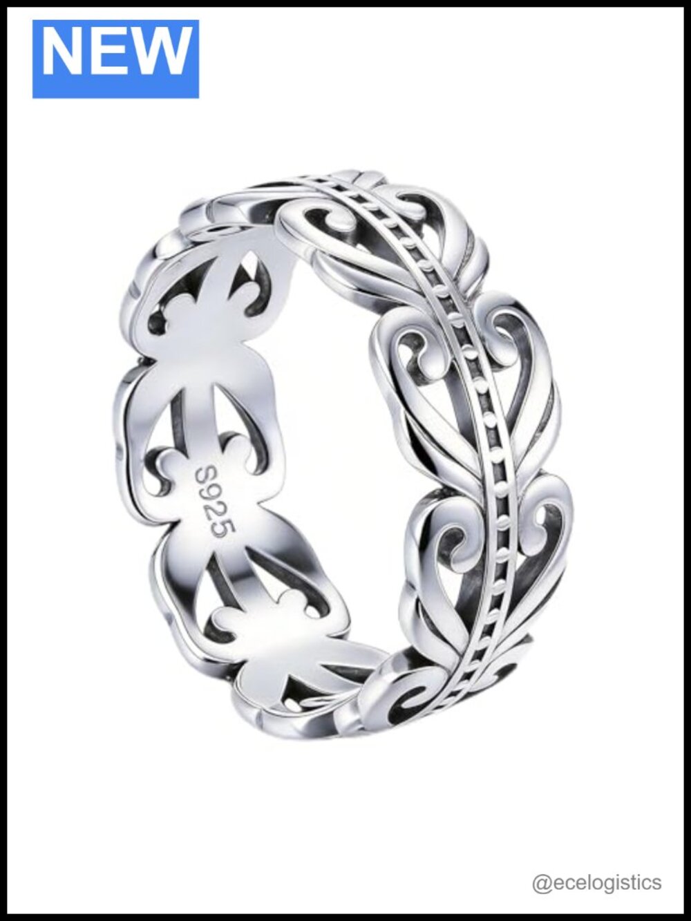 Vintage 925 Sterling Silver Ring Retro Openwork Band White Gold Plated